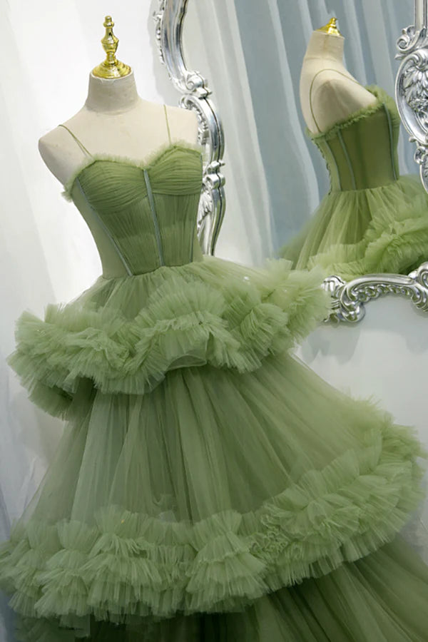 Wholesale Green Spaghetti Straps Tulle Layers Long Formal Dress Green Evening Party Dress